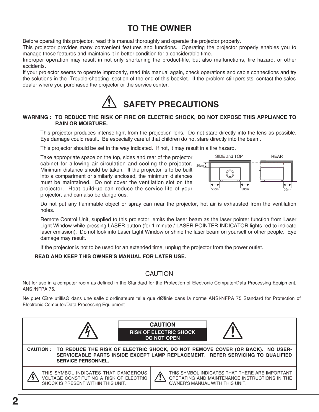 Eiki LC-X70 instruction manual To the Owner 