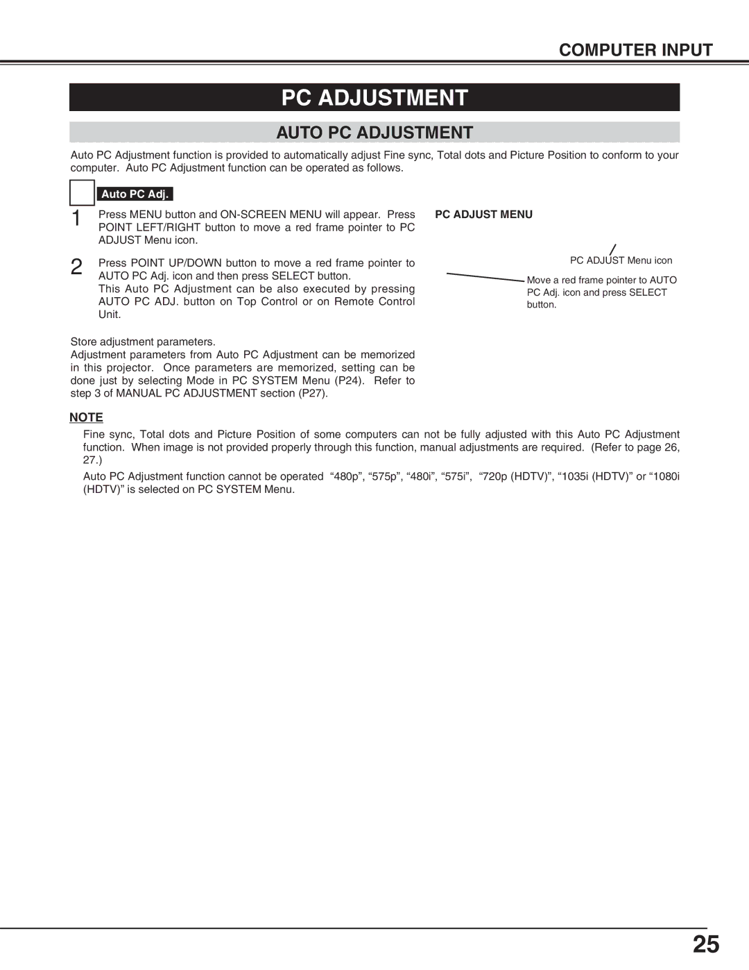 Eiki LC-X70 instruction manual Auto PC Adjustment, PC Adjust Menu 