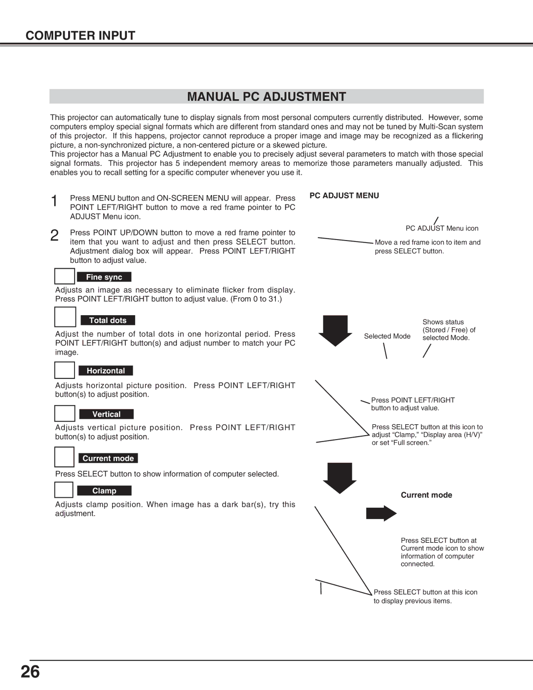 Eiki LC-X70 instruction manual Computer Input Manual PC Adjustment 