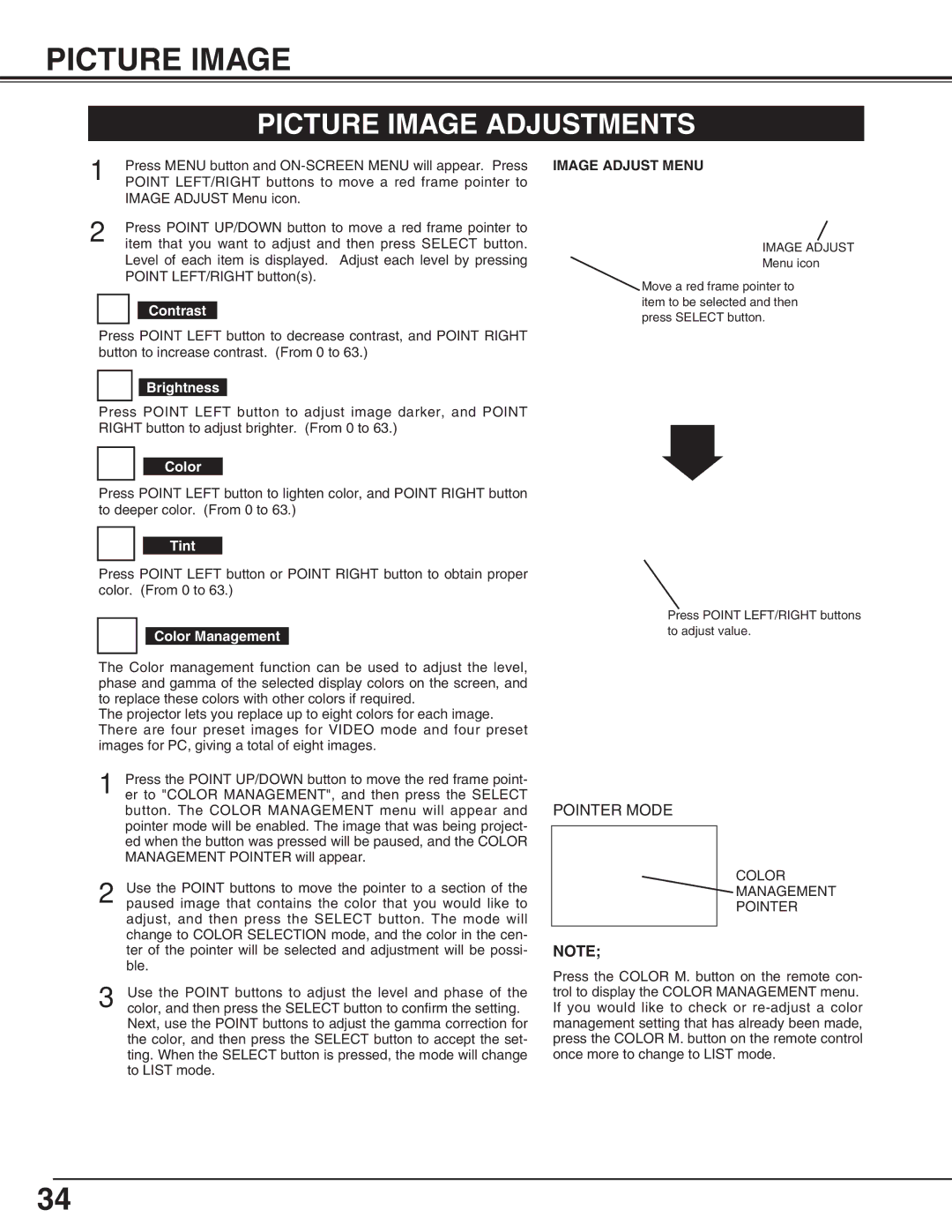 Eiki LC-X70 instruction manual Picture Image Adjustments, Image Adjust Menu 