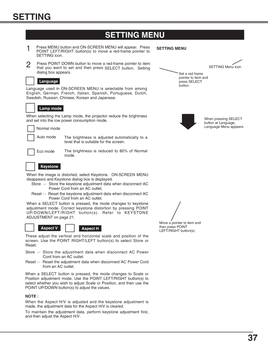 Eiki LC-X70 instruction manual Setting Menu 