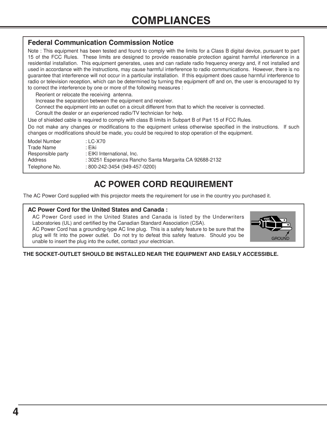 Eiki LC-X70 instruction manual Compliances, Federal Communication Commission Notice 