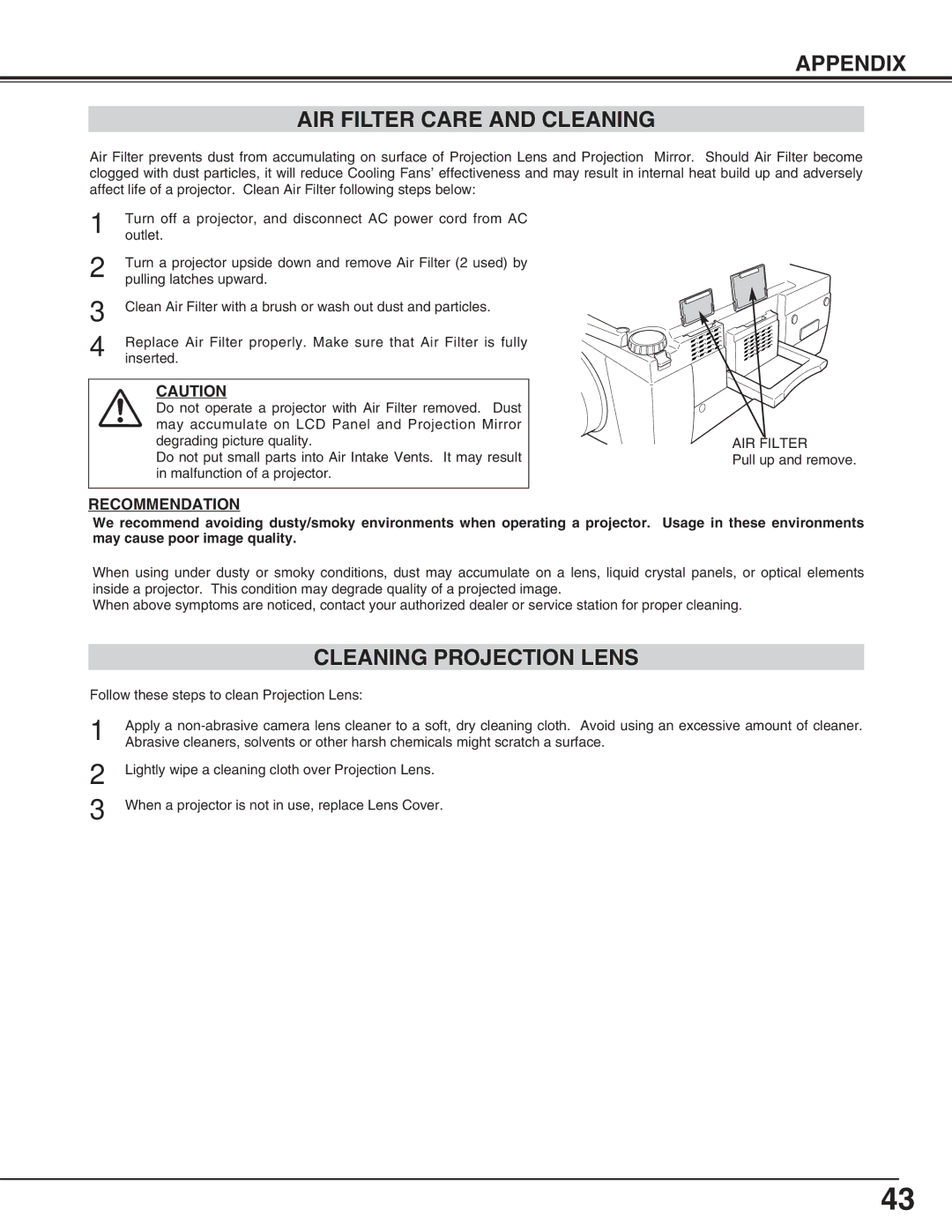 Eiki LC-X70 instruction manual Appendix AIR Filter Care and Cleaning, Cleaning Projection Lens, Recommendation 