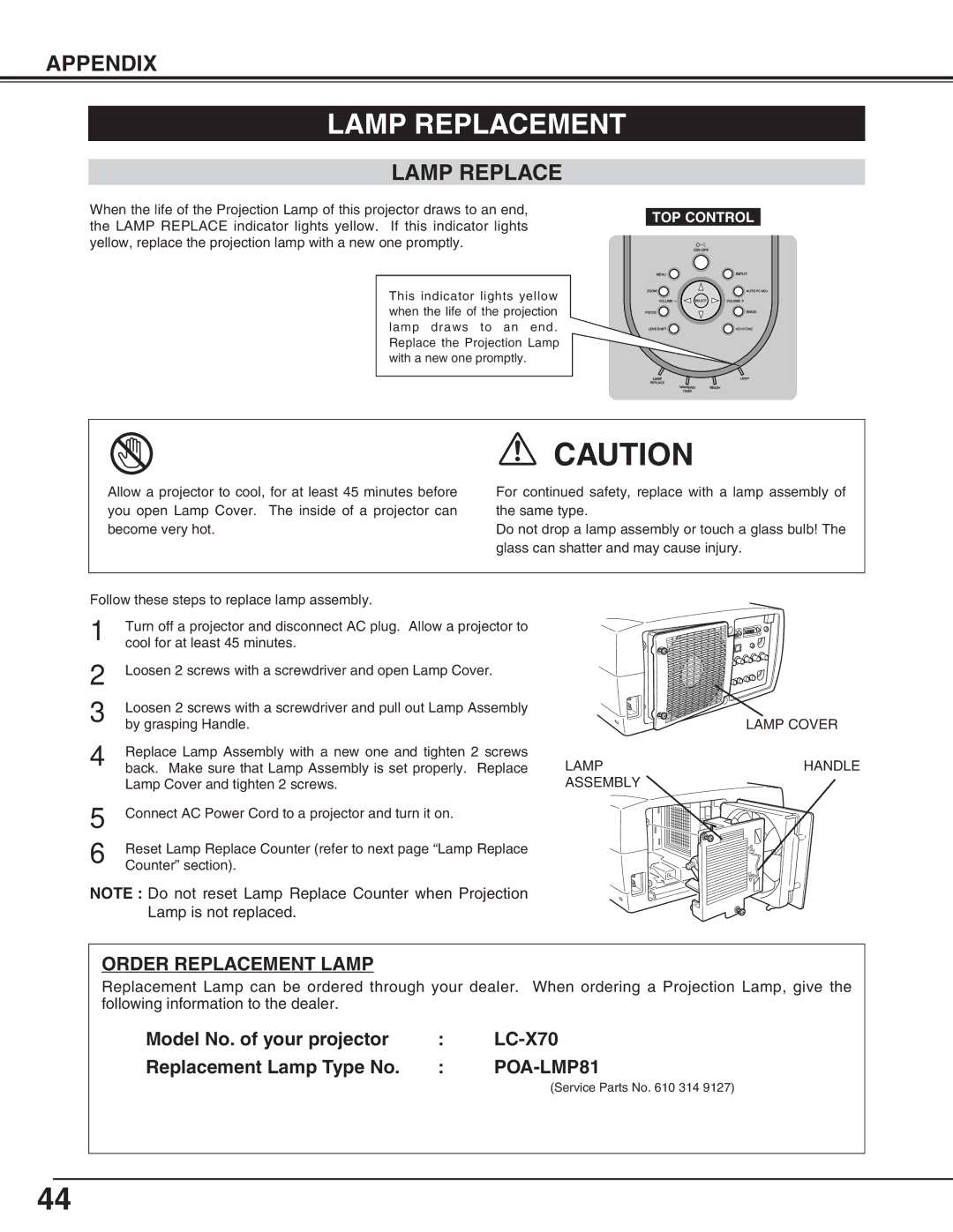 Eiki LC-X70 instruction manual Lamp Replacement 