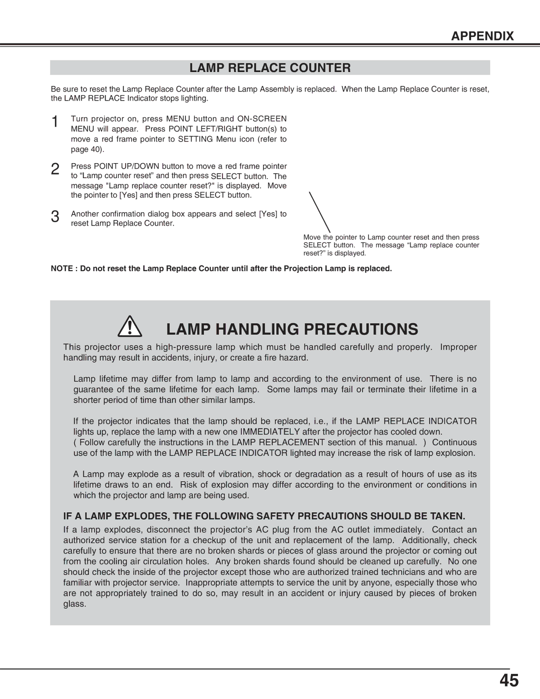 Eiki LC-X70 instruction manual Lamp Handling Precautions, Appendix Lamp Replace Counter 