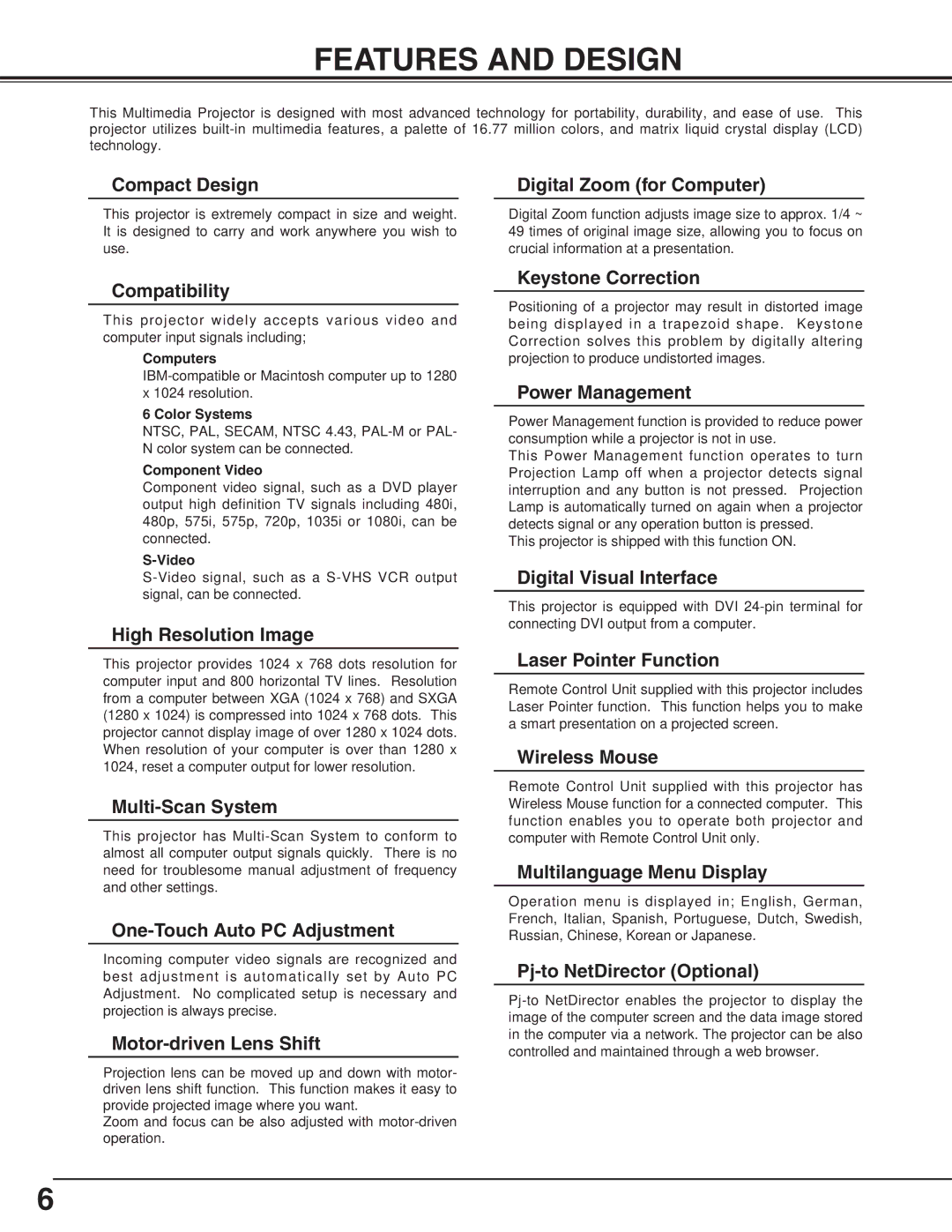 Eiki LC-X70 instruction manual Features and Design, Computers, Color Systems, Component Video 