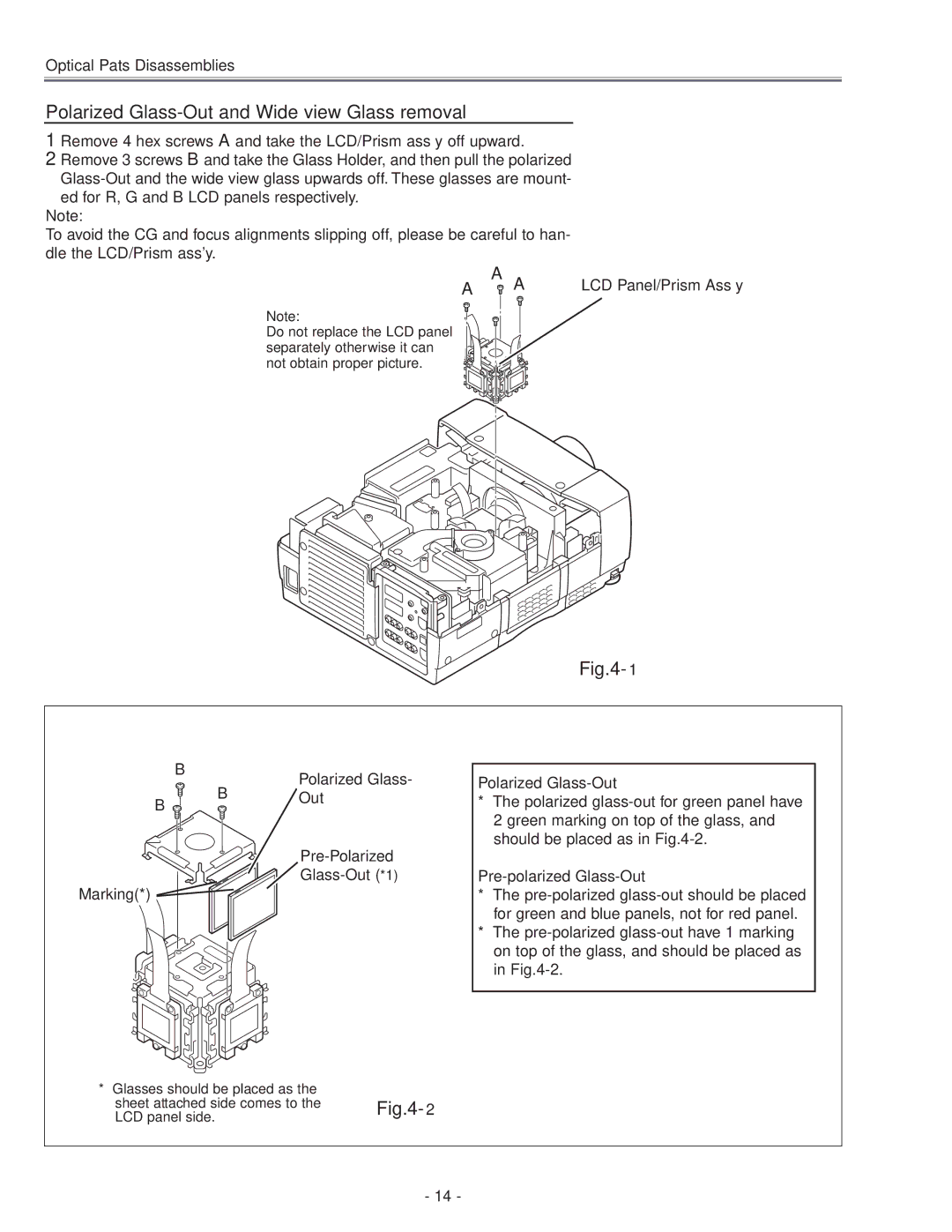 Eiki LC-X71 LC-X71L service manual Polarized Glass-Out and Wide view Glass removal, LCD Panel/Prism Ass’y 