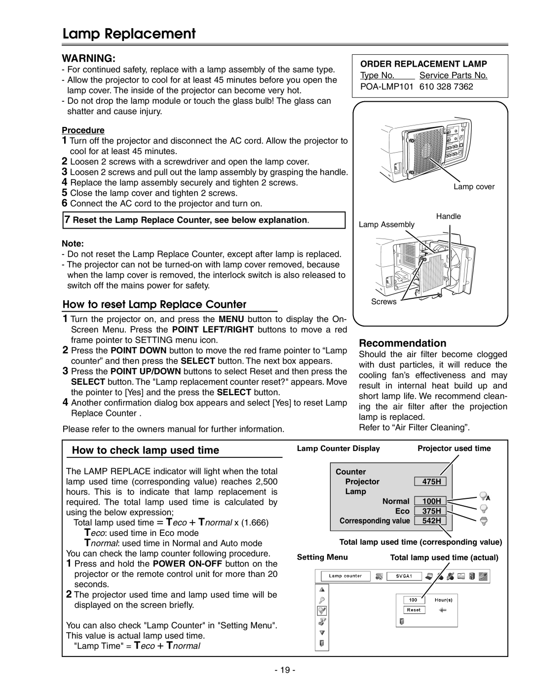 Eiki LC-X71 LC-X71L service manual Lamp Replacement, How to reset Lamp Replace Counter, Procedure 