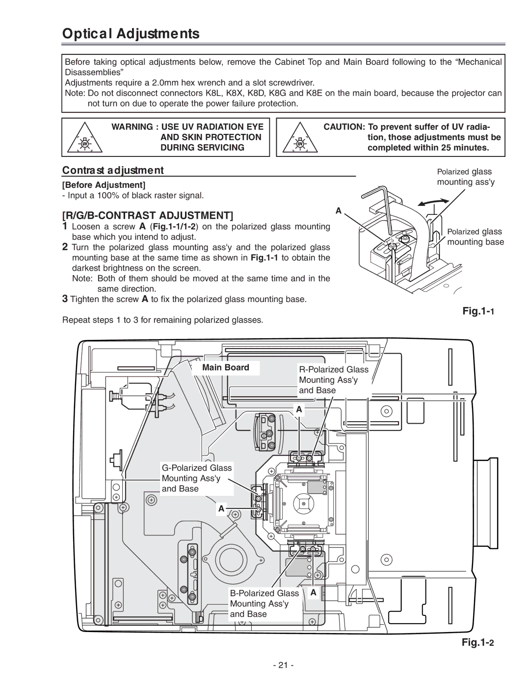 Eiki LC-X71 LC-X71L service manual Optical Adjustments, Contrast adjustment, Before Adjustment, Main Board 