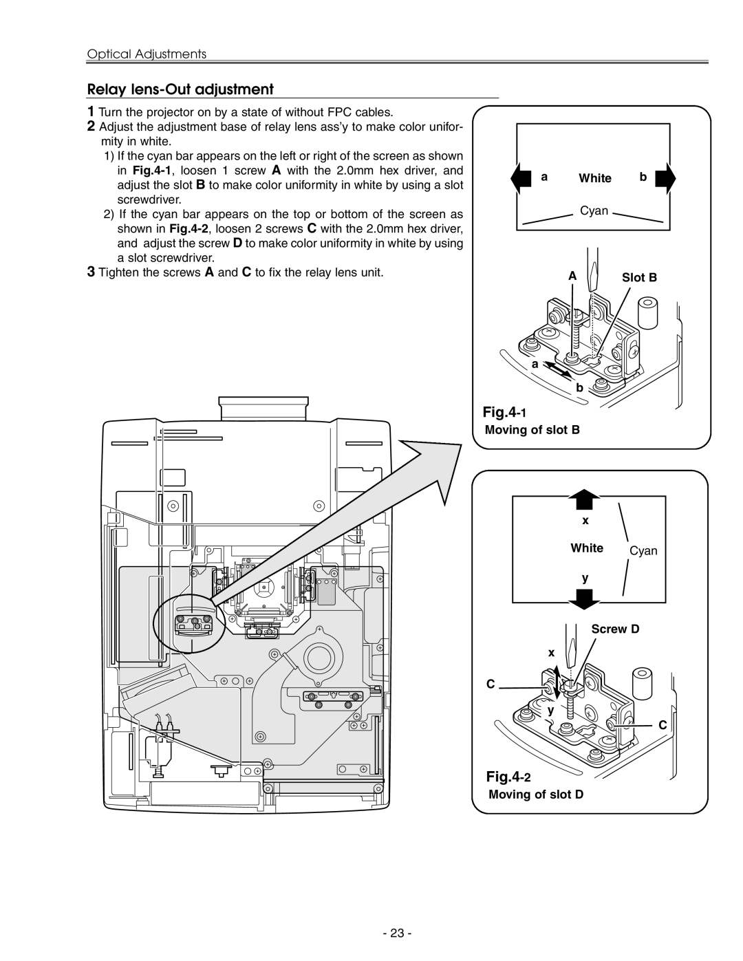 Eiki LC-X71 LC-X71L service manual Relay lens-Out adjustment, White b, Moving of slot B White Cyan Screw D Moving of slot D 