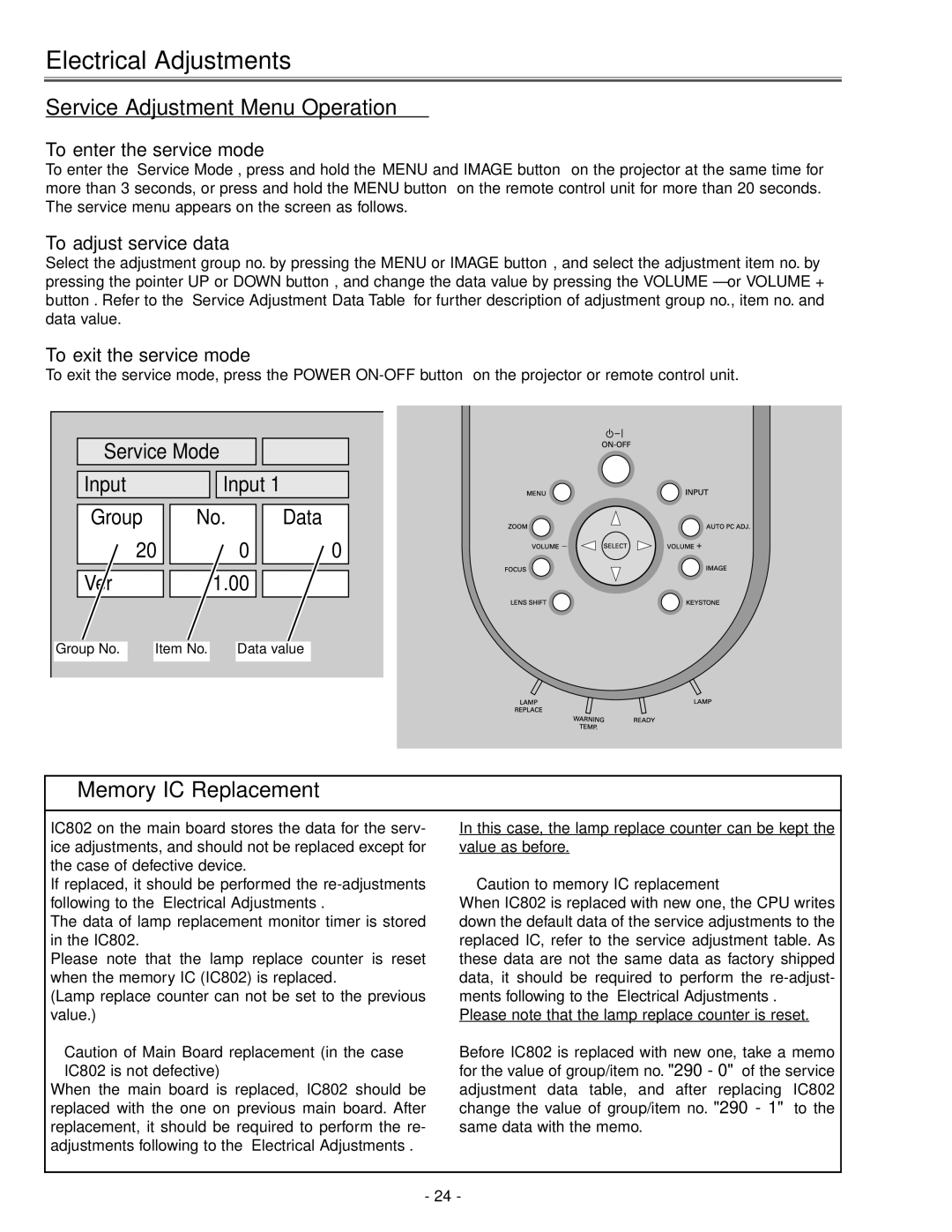 Eiki LC-X71 LC-X71L service manual Electrical Adjustments, Service Adjustment Menu Operation, IC802 is not defective 