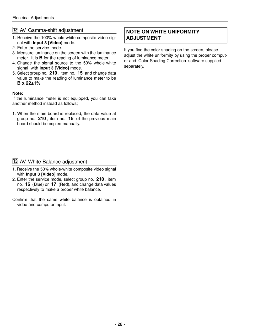 Eiki LC-X71 LC-X71L service manual ⁄2AV Gamma-shift adjustment, ⁄3AV White Balance adjustment 