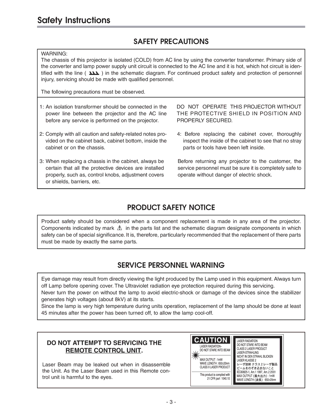 Eiki LC-X71 LC-X71L service manual Safety Instructions, Safety Precautions 