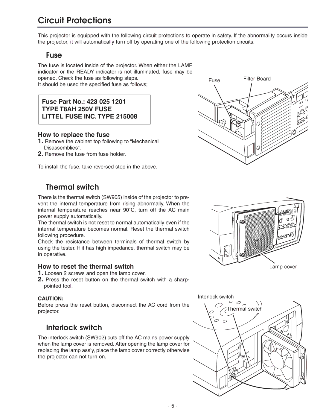 Eiki LC-X71 LC-X71L service manual Circuit Protections, Fuse, Thermal switch, Interlock switch 