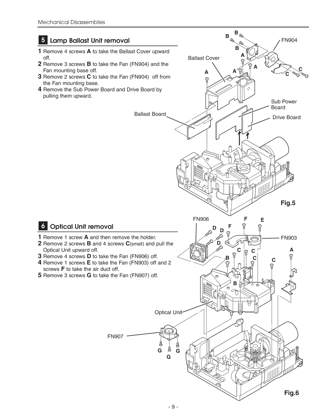 Eiki LC-X71 LC-X71L service manual Lamp Ballast Unit removal, Optical Unit removal, FN906 