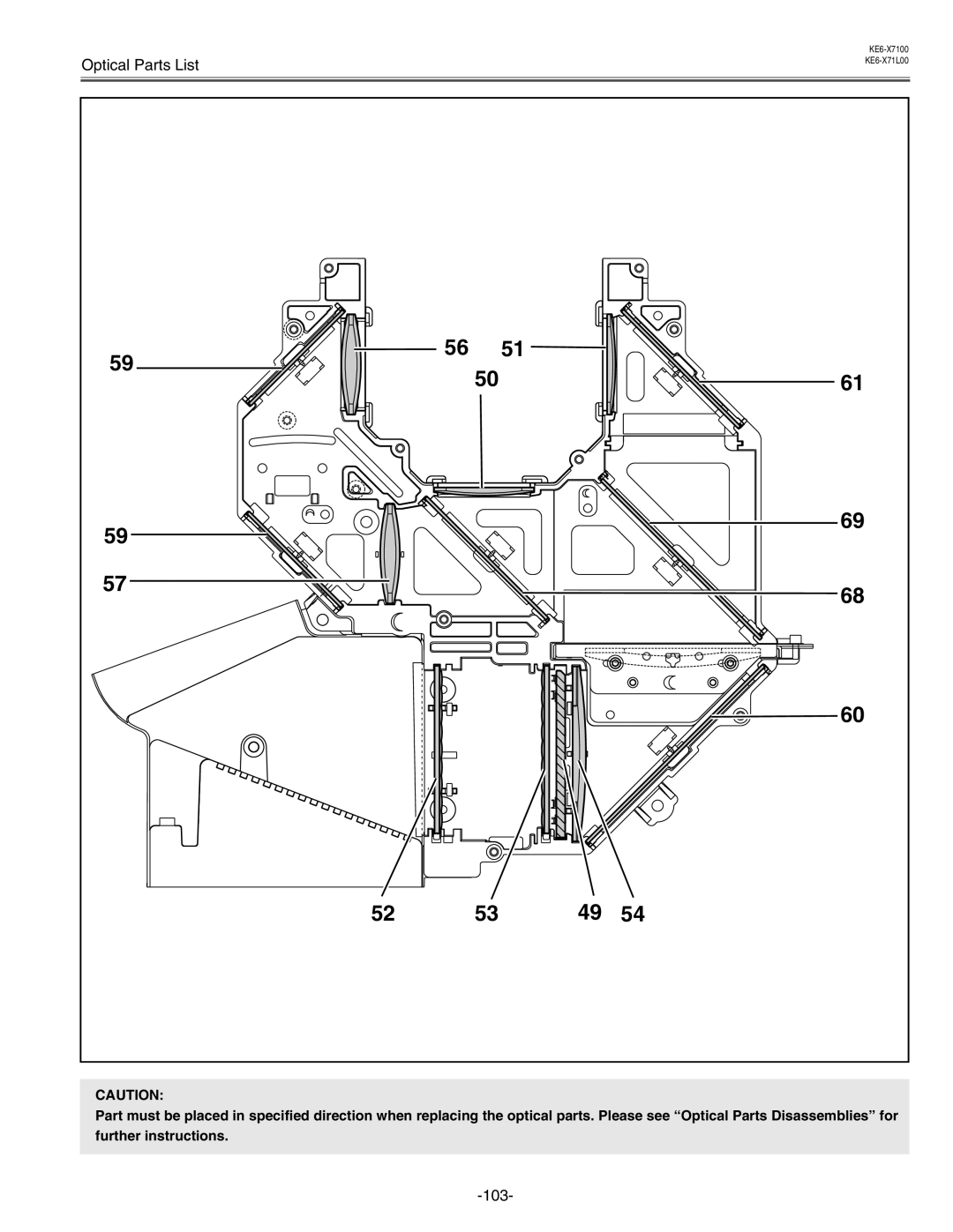 Eiki LC-X71 LC-X71L service manual Optical Parts List, further instructions, KE6-X7100 KE6-X71L00 