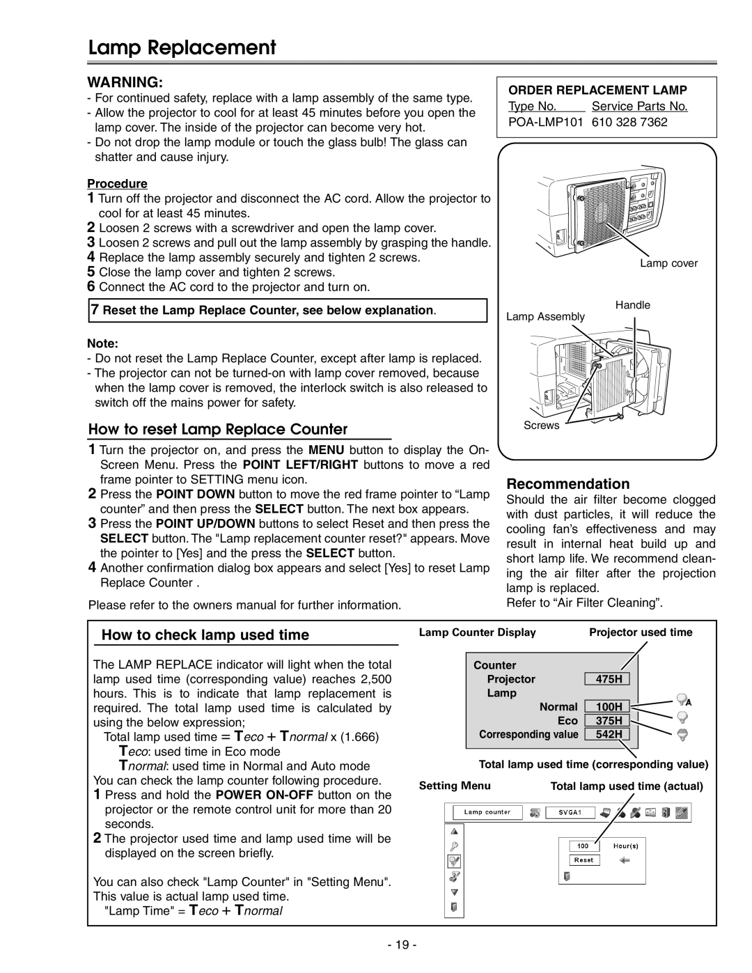 Eiki LC-X71 LC-X71L Lamp Replacement, How to reset Lamp Replace Counter, Recommendation, How to check lamp used time 