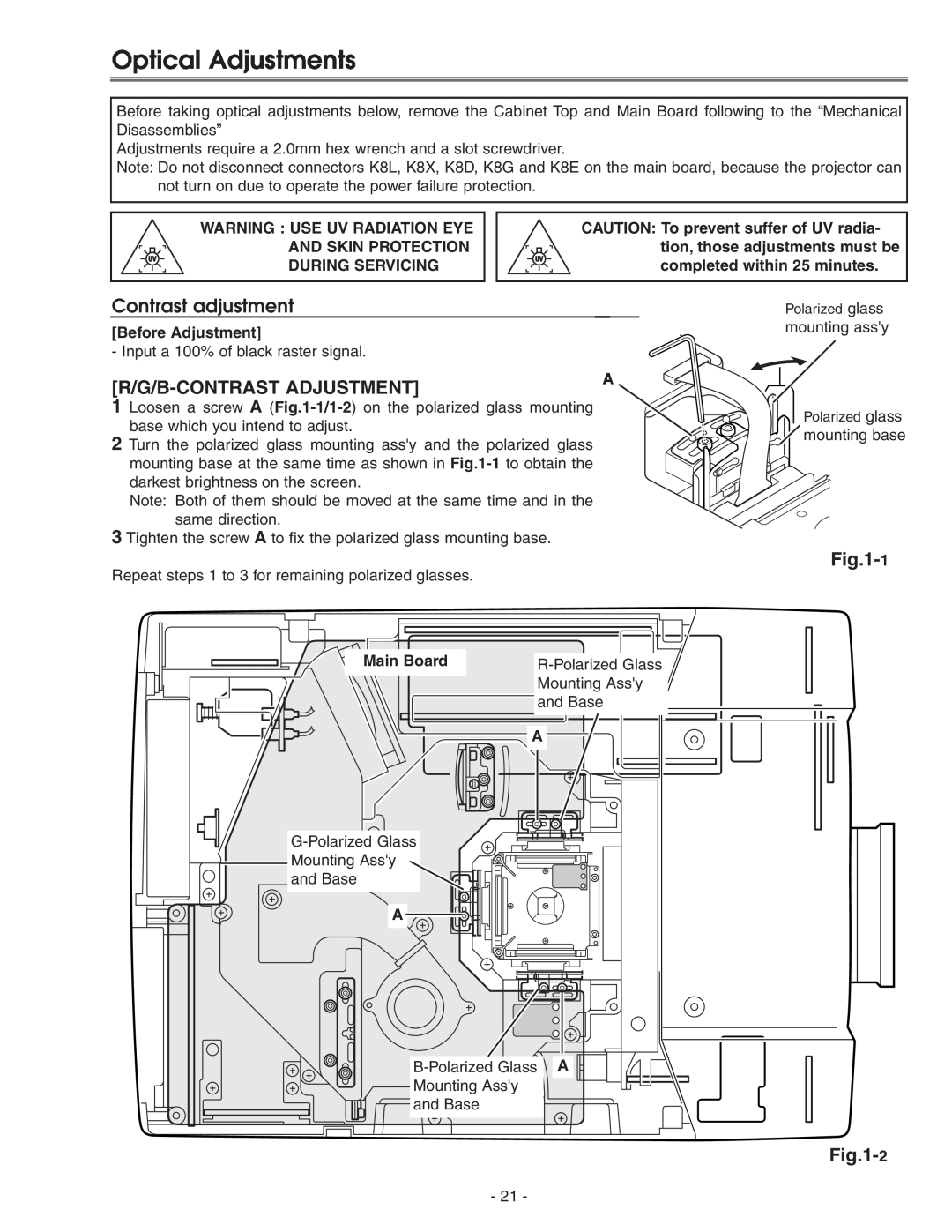 Eiki LC-X71 LC-X71L service manual Optical Adjustments, Contrast adjustment, R/G/B-Contrast Adjustment, 2 