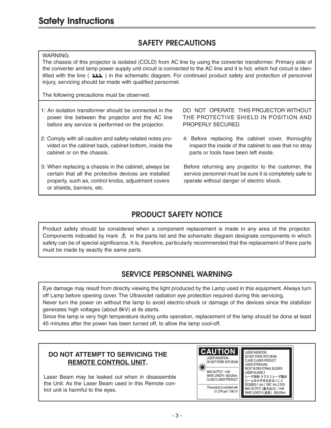 Eiki LC-X71 LC-X71L Safety Instructions, Safety Precautions, Product Safety Notice, Service Personnel Warning 
