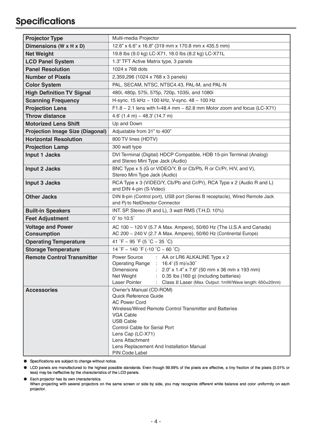 Eiki LC-X71 LC-X71L service manual Specifications 