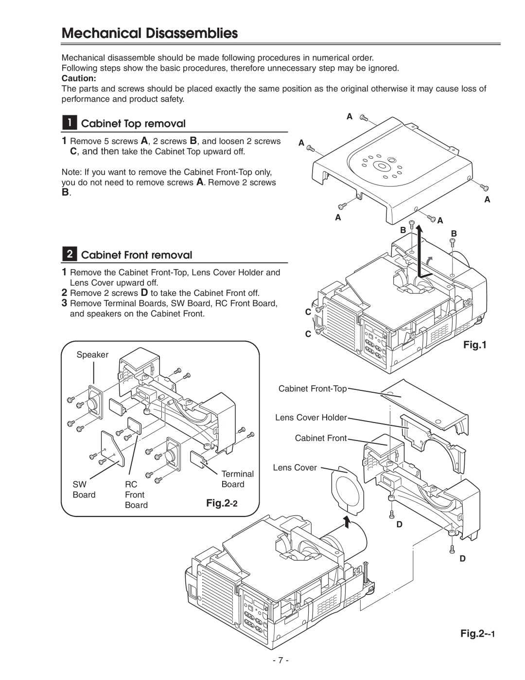 Eiki LC-X71 LC-X71L service manual Mechanical Disassemblies, Cabinet Top removal, Cabinet Front removal 