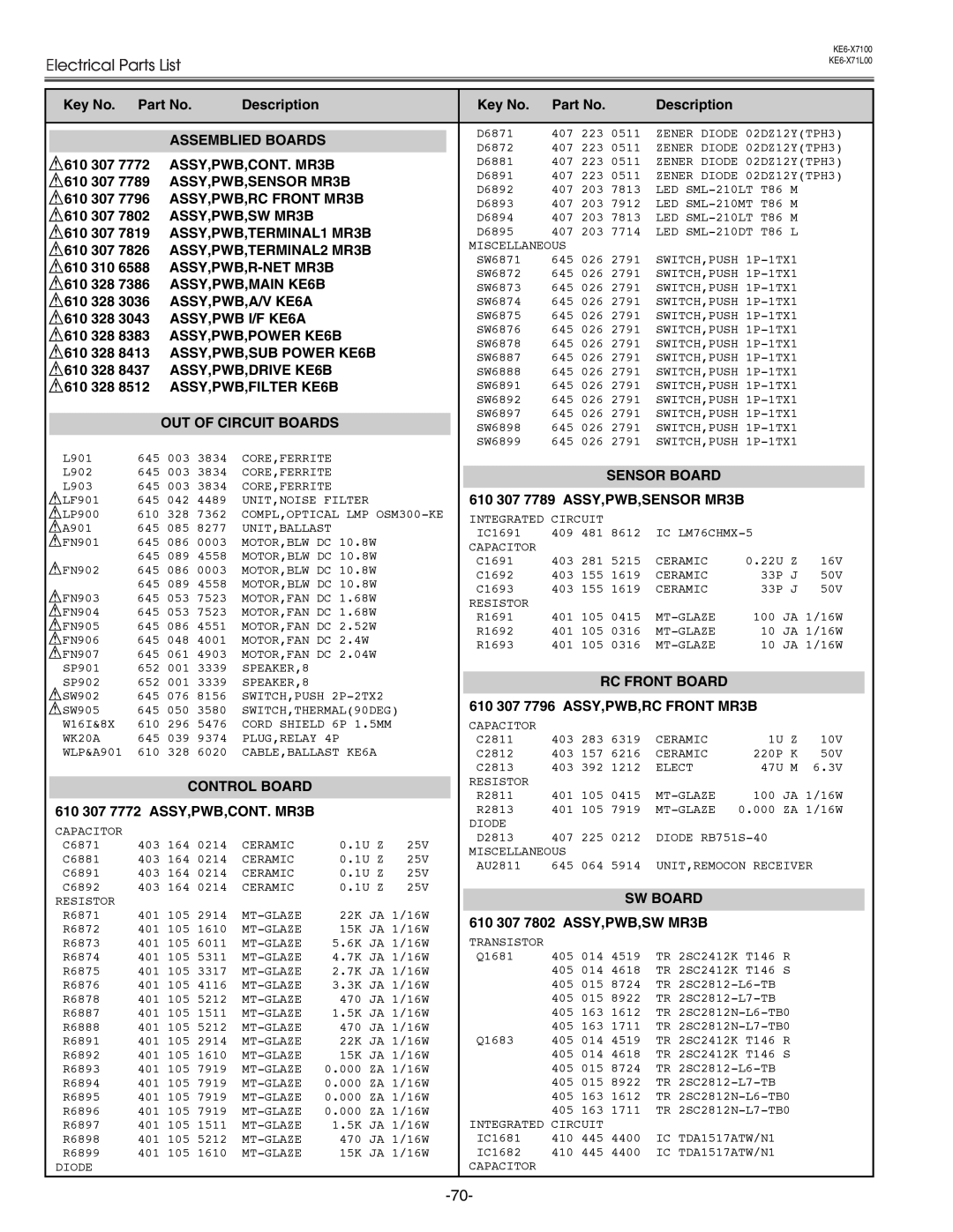 Eiki LC-X71 LC-X71L service manual Electrical Parts List 