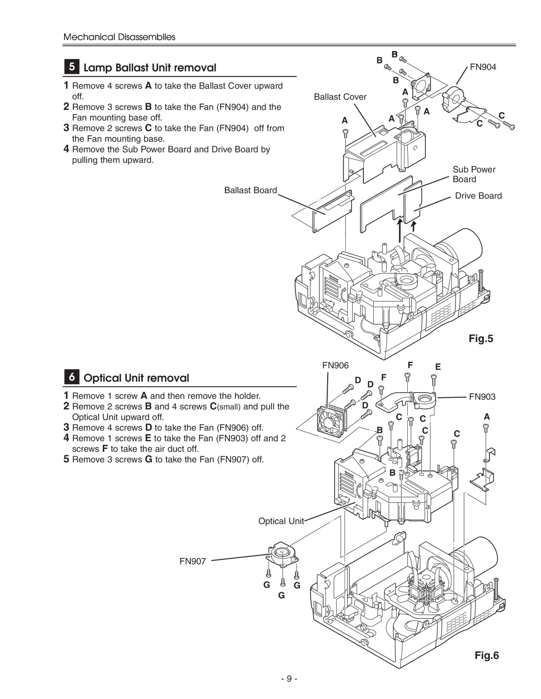 Eiki LC-X71 LC-X71L service manual Lamp Ballast Unit removal, Optical Unit removal 