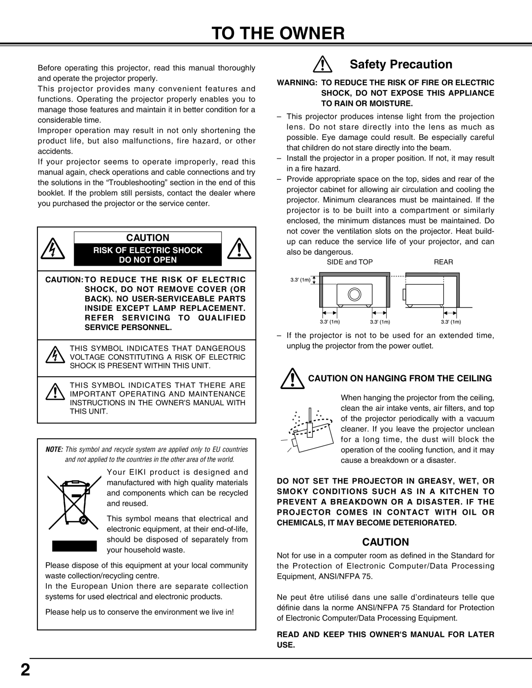 Eiki LC-X71L owner manual To The Owner, Safety Precaution, Risk Of Electric Shock Do Not Open 