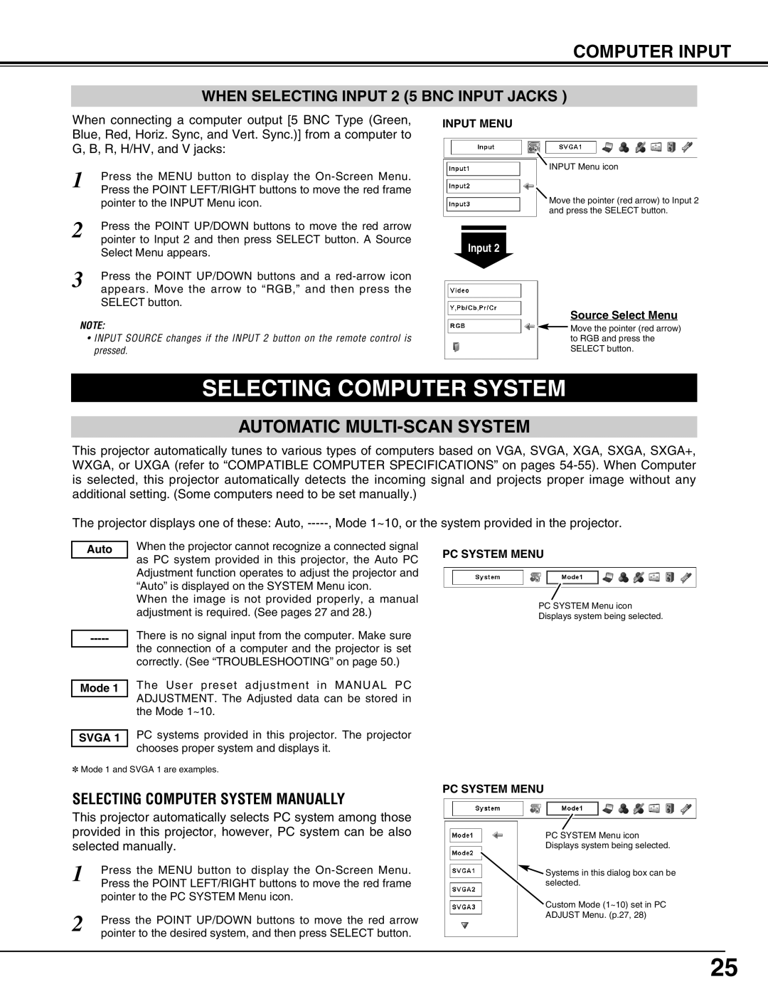 Eiki LC-X71L owner manual WHEN SELECTING INPUT 2 5 BNC INPUT JACKS, Selecting Computer System Manually 