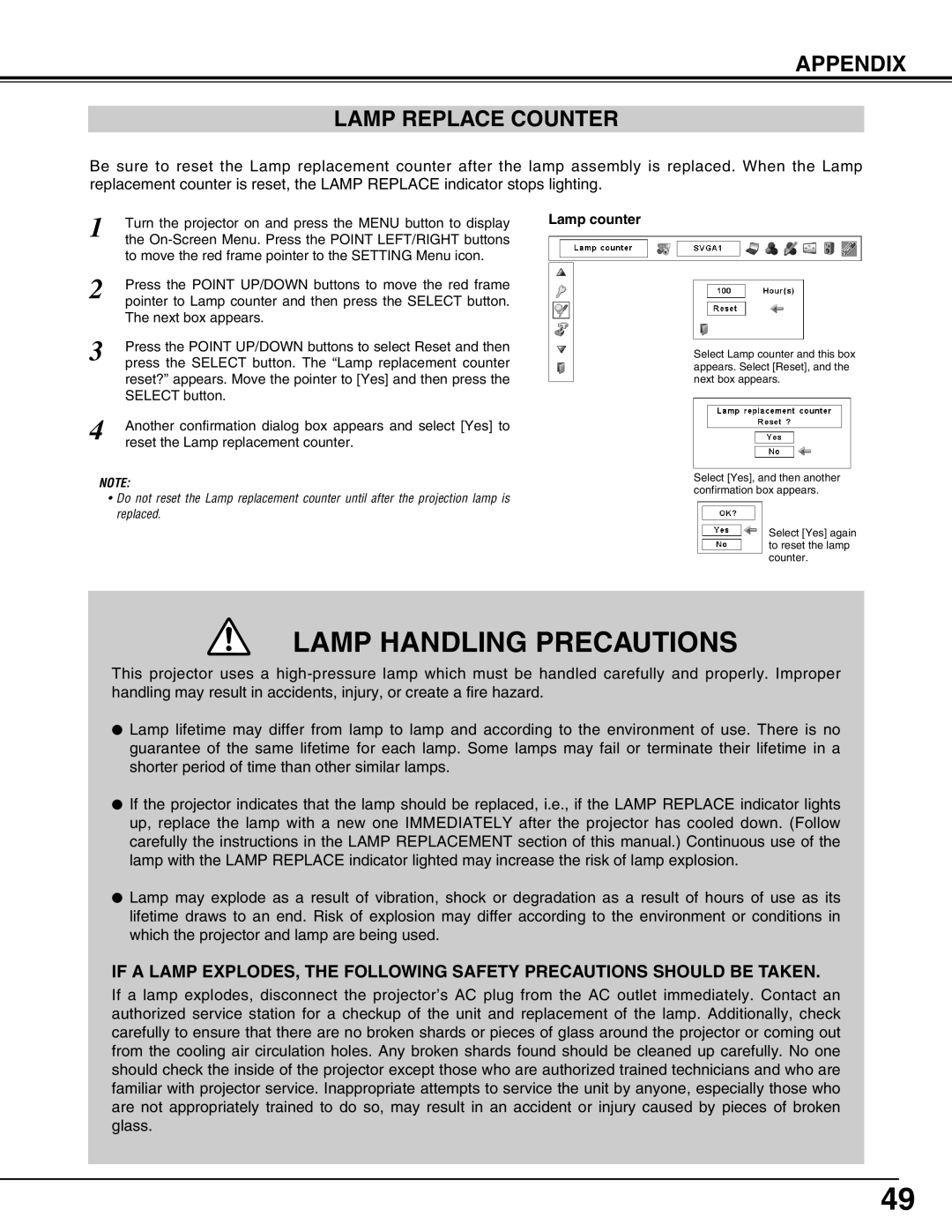 Eiki LC-X71L owner manual Lamp Handling Precautions, Appendix Lamp Replace Counter 