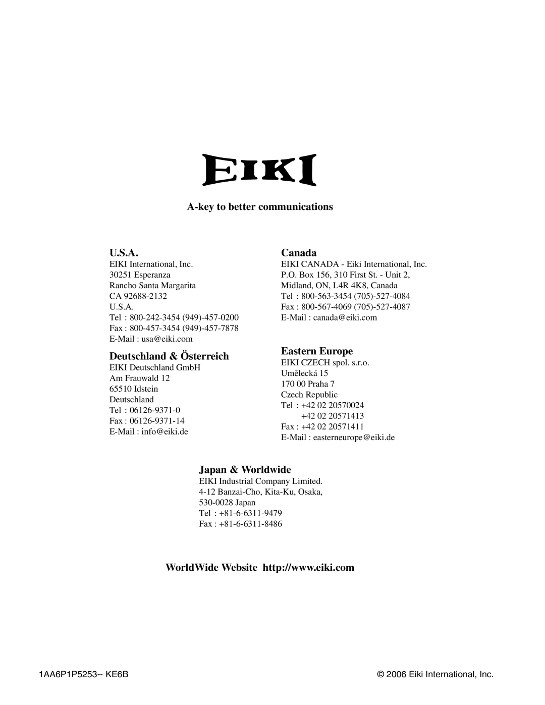 Eiki LC-X71L A-key to better communications, U.S.A, Canada, Deutschland & Österreich, Eastern Europe, Japan & Worldwide 