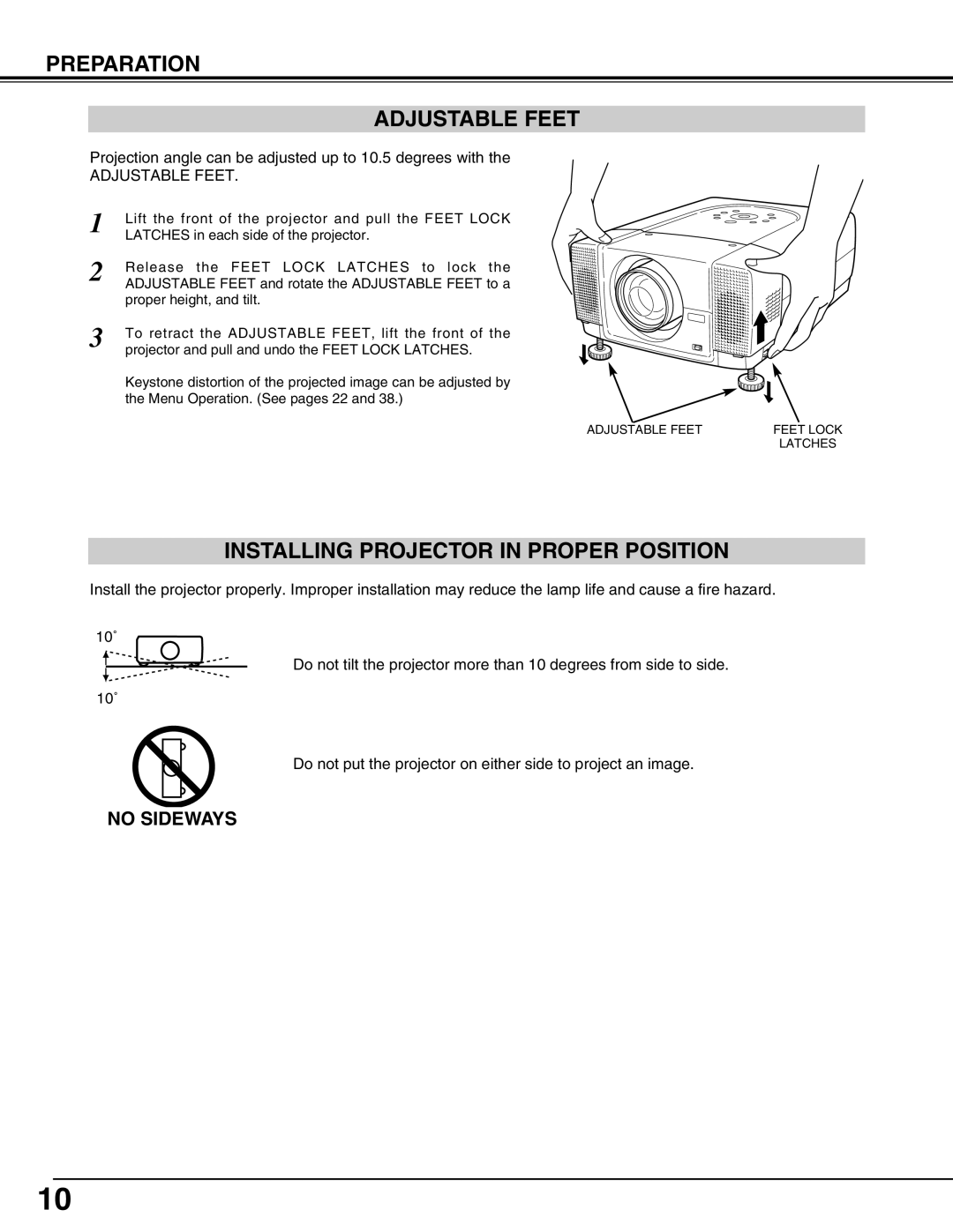 Eiki LC-X71L owner manual Preparation Adjustable Feet, Installing Projector in Proper Position 