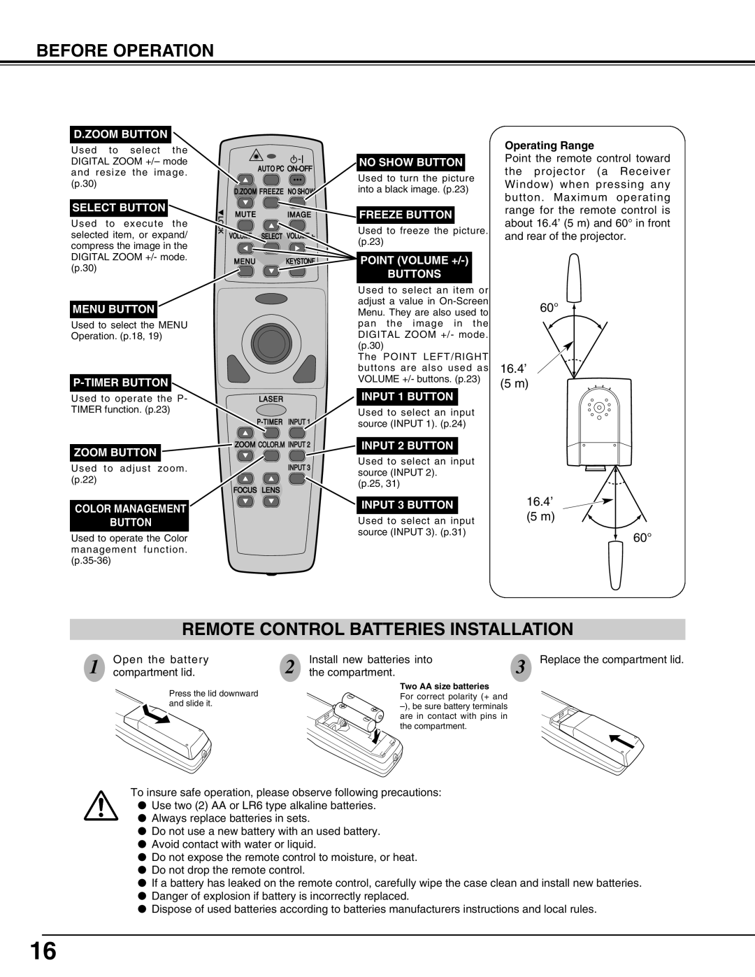 Eiki LC-X71L owner manual Before Operation, Remote Control Batteries Installation 