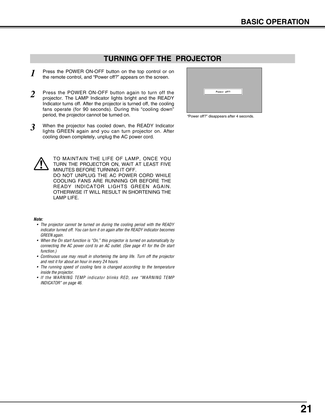 Eiki LC-X71L owner manual Basic Operation Turning OFF the Projector 