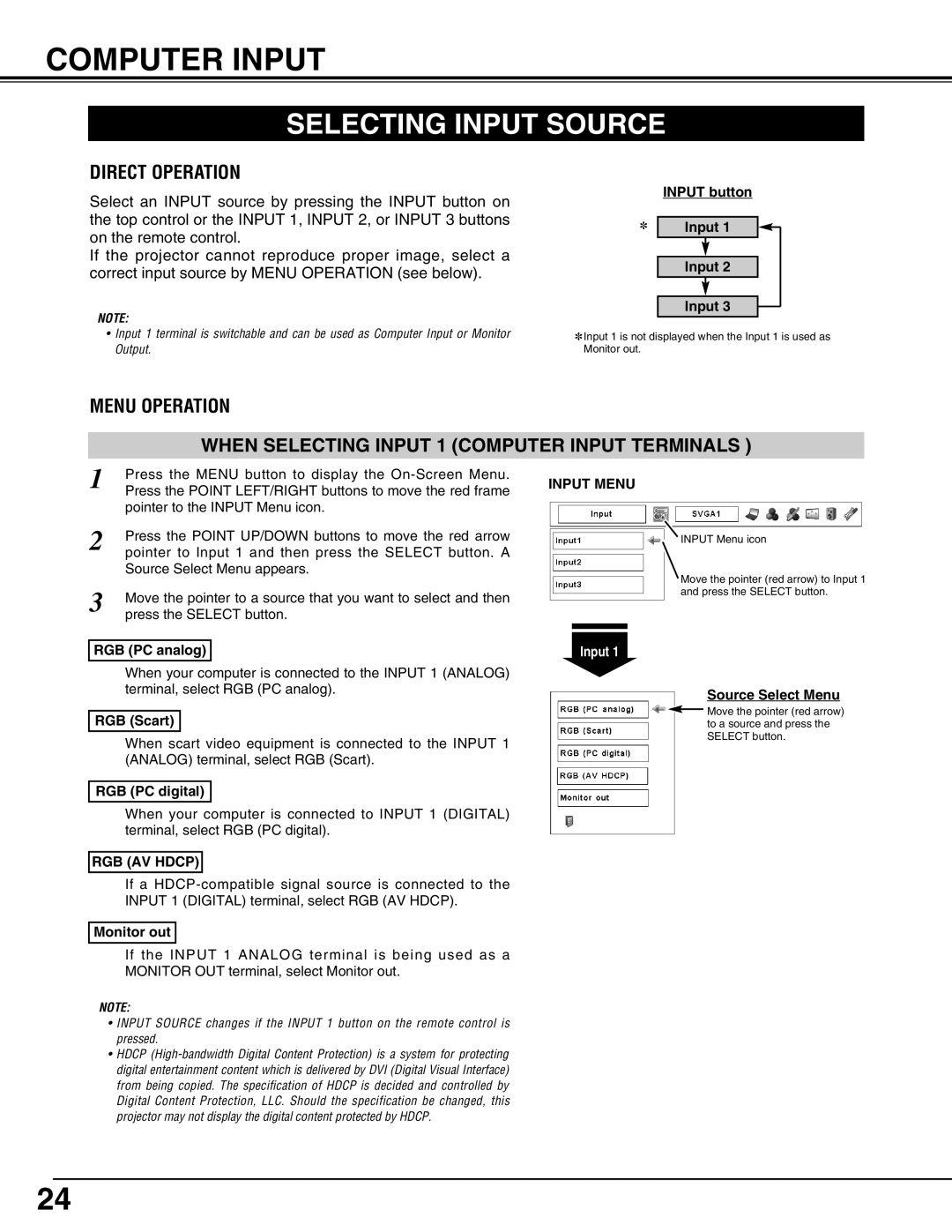 Eiki LC-X71L owner manual Computer Input, Selecting Input Source, RGB AV Hdcp, Input Menu 