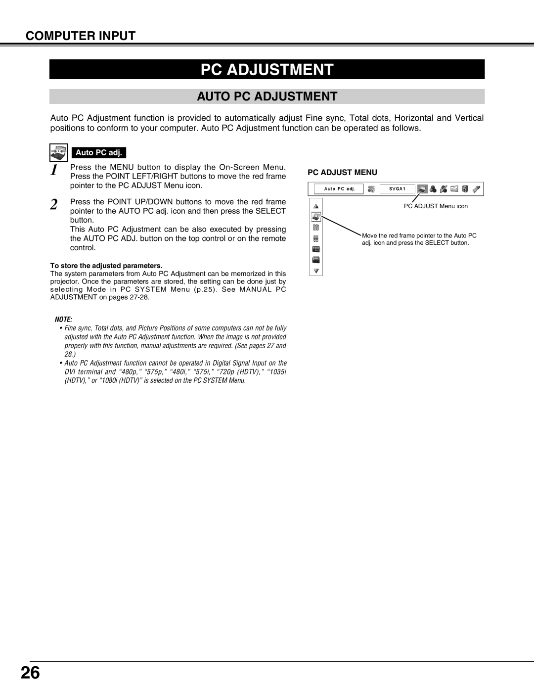 Eiki LC-X71L owner manual Auto PC Adjustment, Auto PC adj, Pointer to the PC Adjust Menu icon 