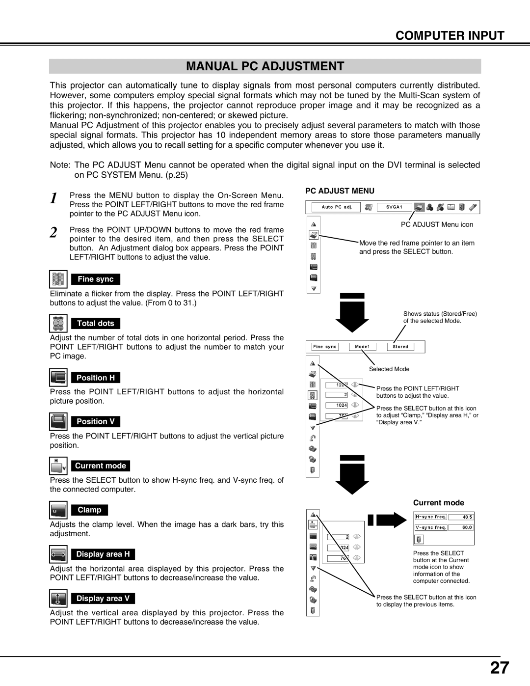 Eiki LC-X71L owner manual Computer Input Manual PC Adjustment 