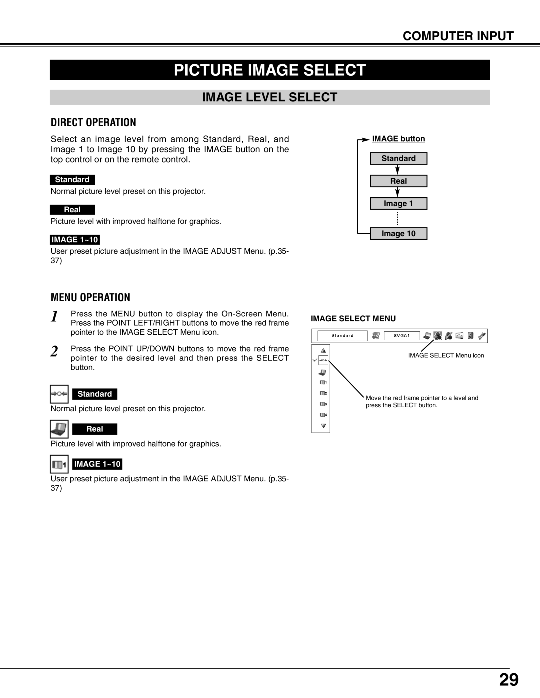 Eiki LC-X71L owner manual Picture Image Select, Image Level Select, Image Select Menu 