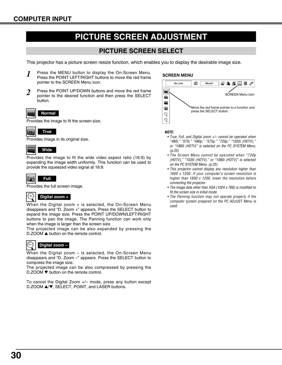 Eiki LC-X71L owner manual Picture Screen Adjustment, Picture Screen Select, Screen Menu 