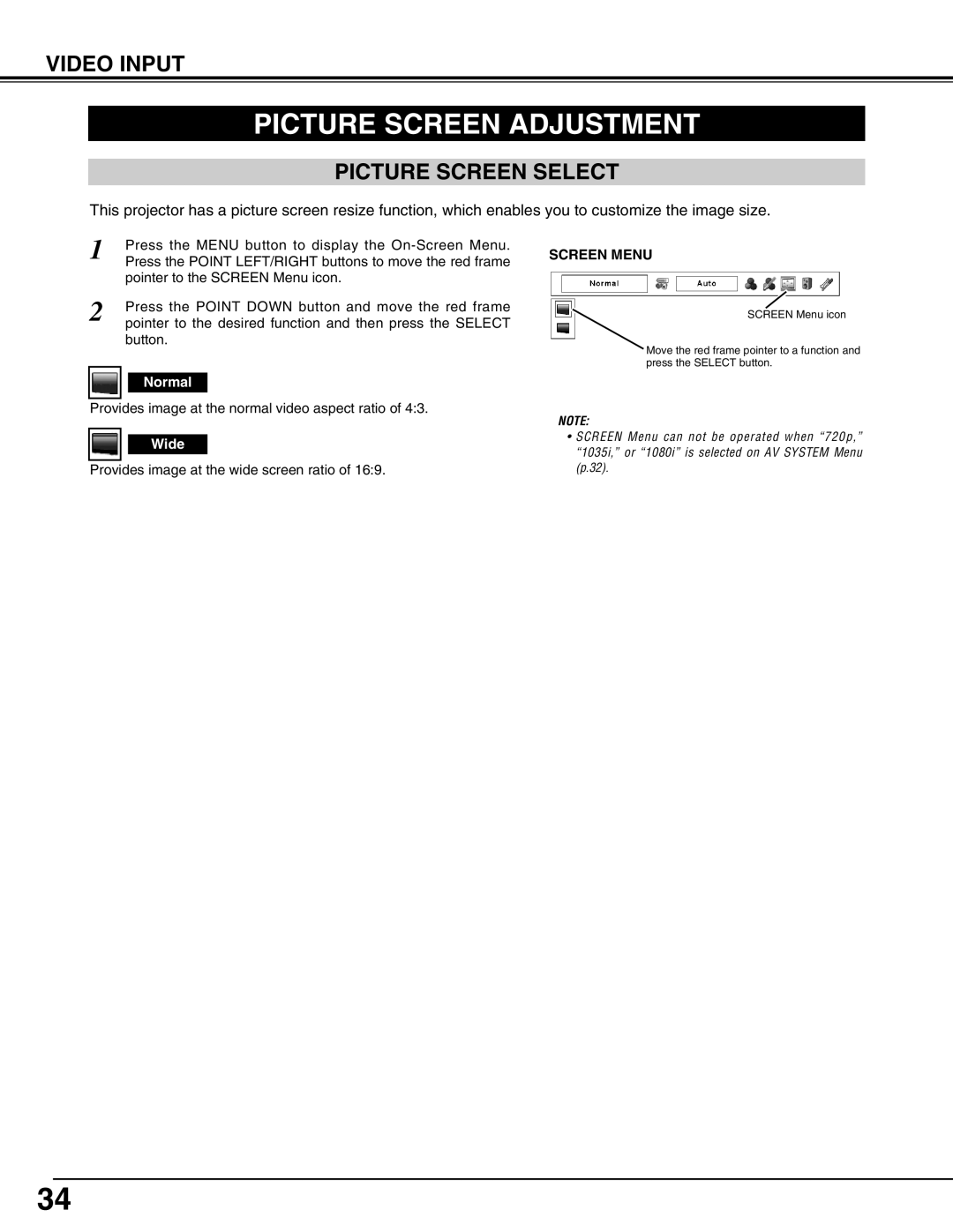 Eiki LC-X71L owner manual Provides image at the normal video aspect ratio, Provides image at the wide screen ratio 