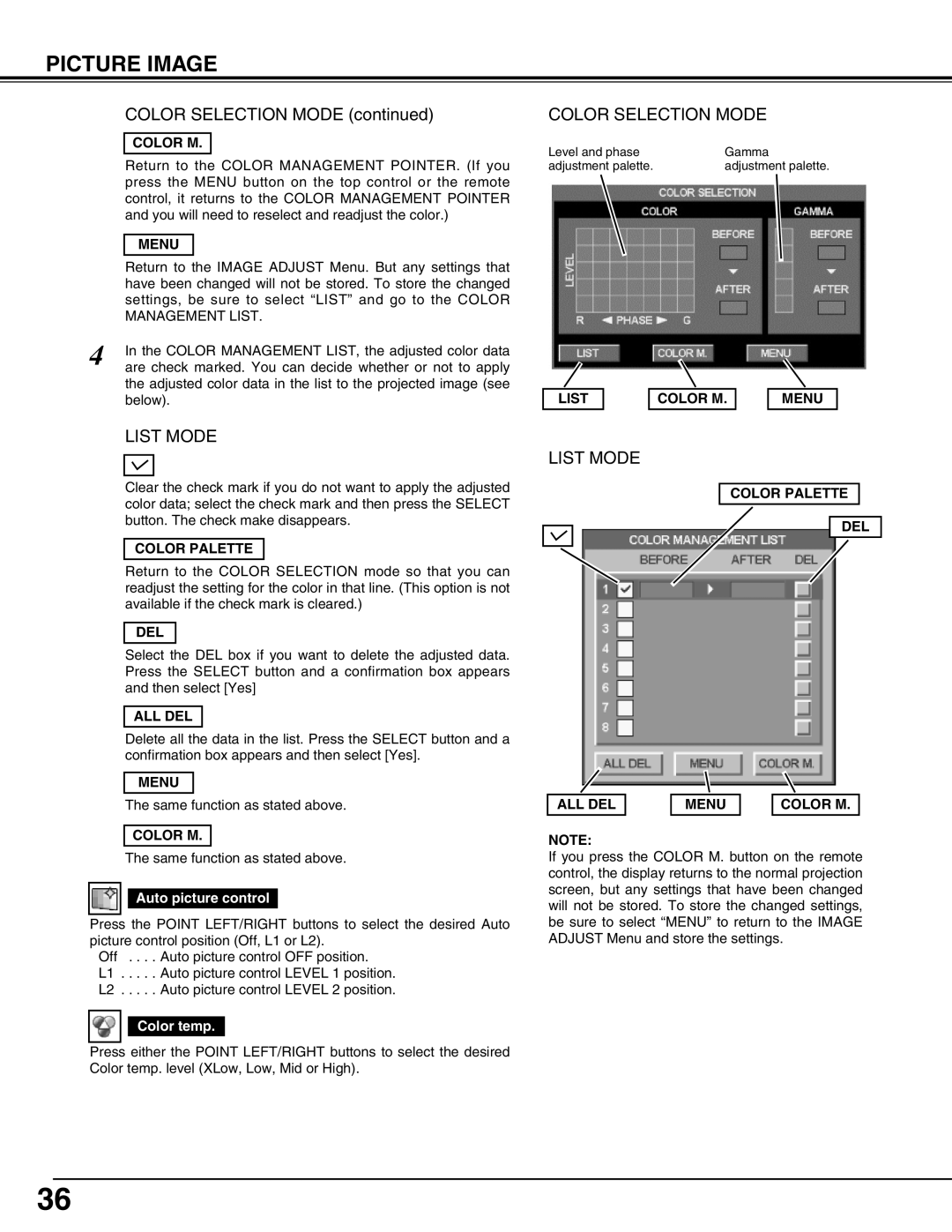 Eiki LC-X71L owner manual All Del, List Color M Menu, Color Palette DEL ALL DEL Menu Color M 