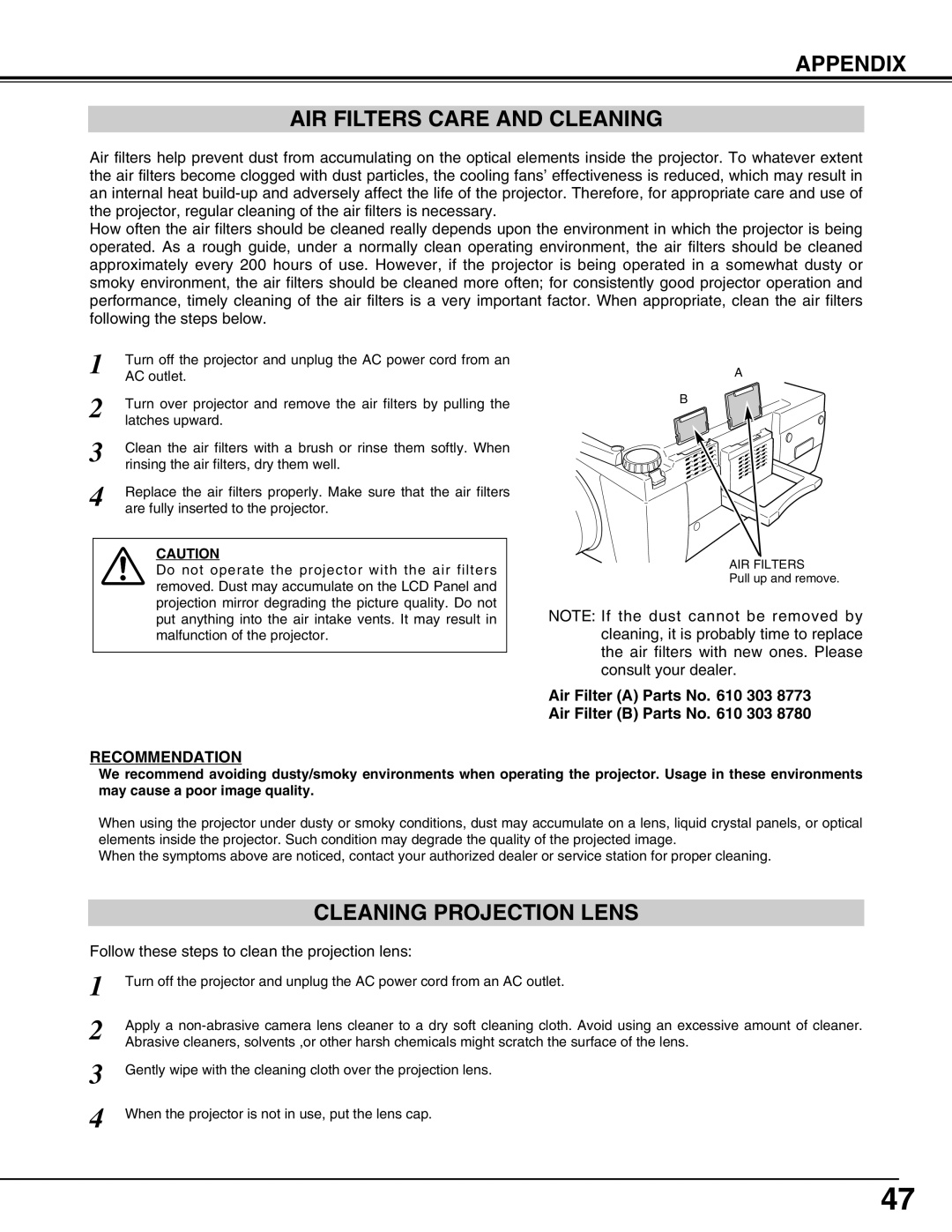 Eiki LC-X71L owner manual Appendix AIR Filters Care and Cleaning, Cleaning Projection Lens 