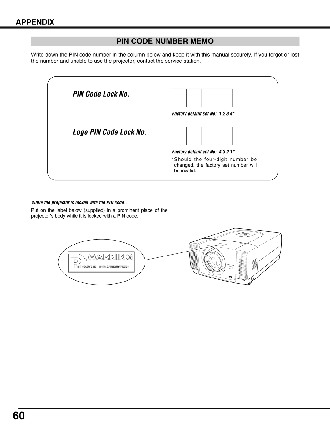 Eiki LC-X71L owner manual Appendix PIN Code Number Memo, Logo PIN Code Lock No 