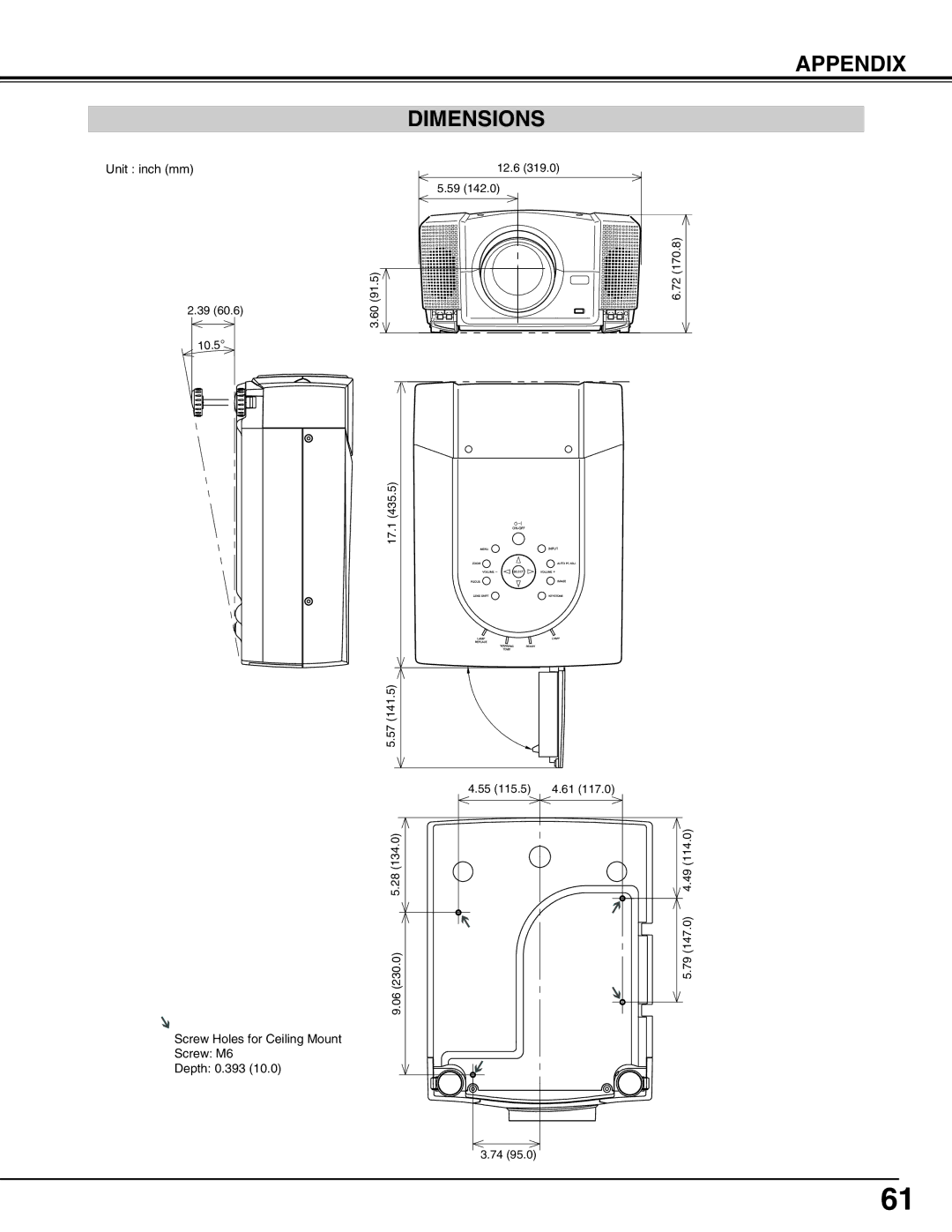 Eiki LC-X71L owner manual Appendix, Dimensions 