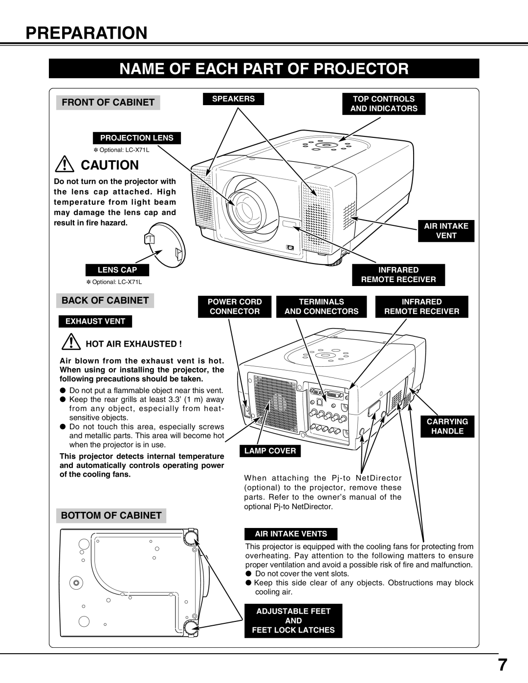 Eiki LC-X71L owner manual Preparation, Name of Each Part of Projector 