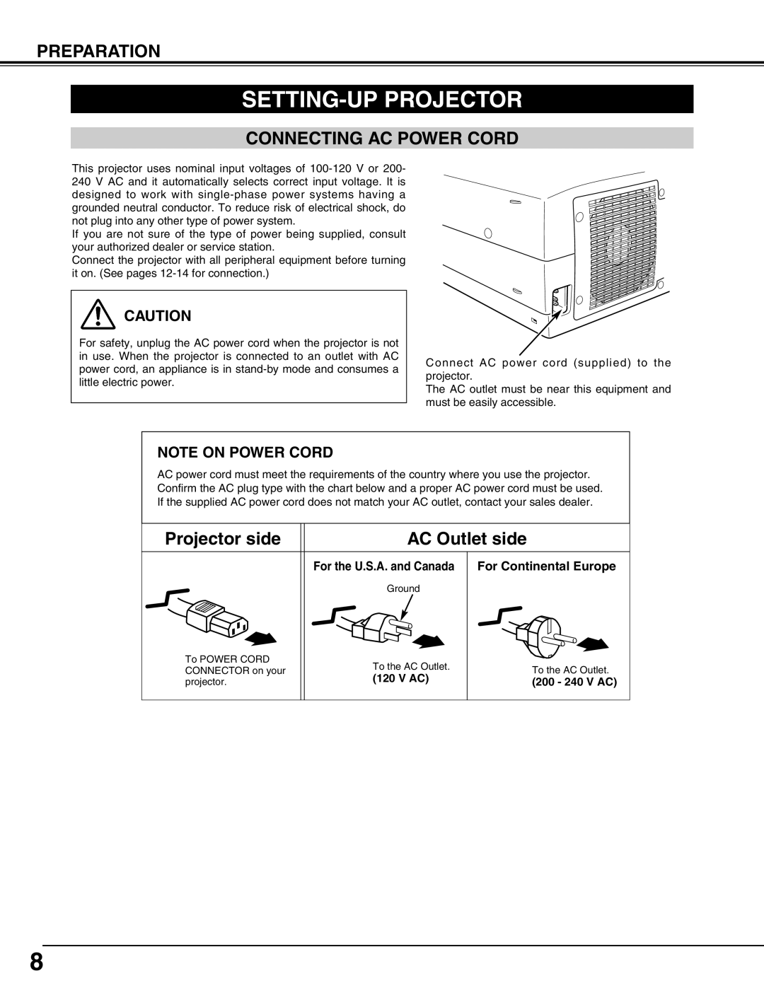 Eiki LC-X71L owner manual SETTING-UP Projector, Connecting AC Power Cord, 200 240 V AC 