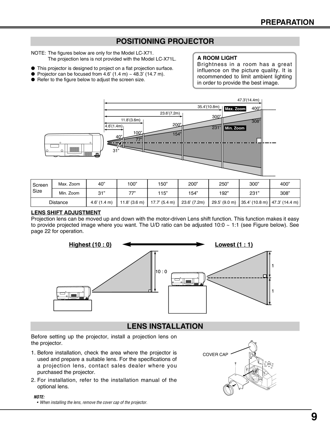 Eiki LC-X71L Preparation Positioning Projector, Lens Installation, Screen, 100 150 200 250 300 400 Size, Distance 