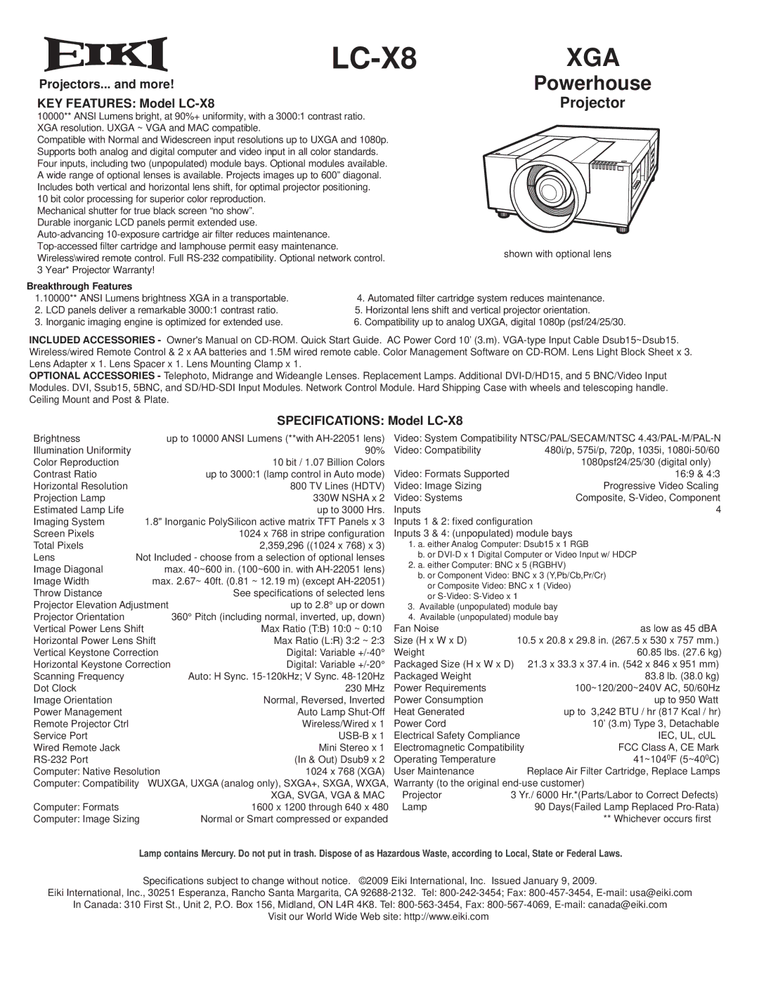 Eiki specifications  LC-X8, Xga, Powerhouse, Projector 