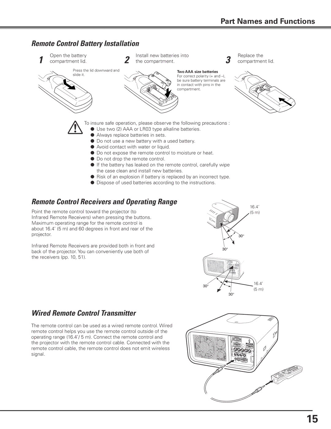 Eiki LC-X80 owner manual Remote Control Battery Installation, Remote Control Receivers and Operating Range 