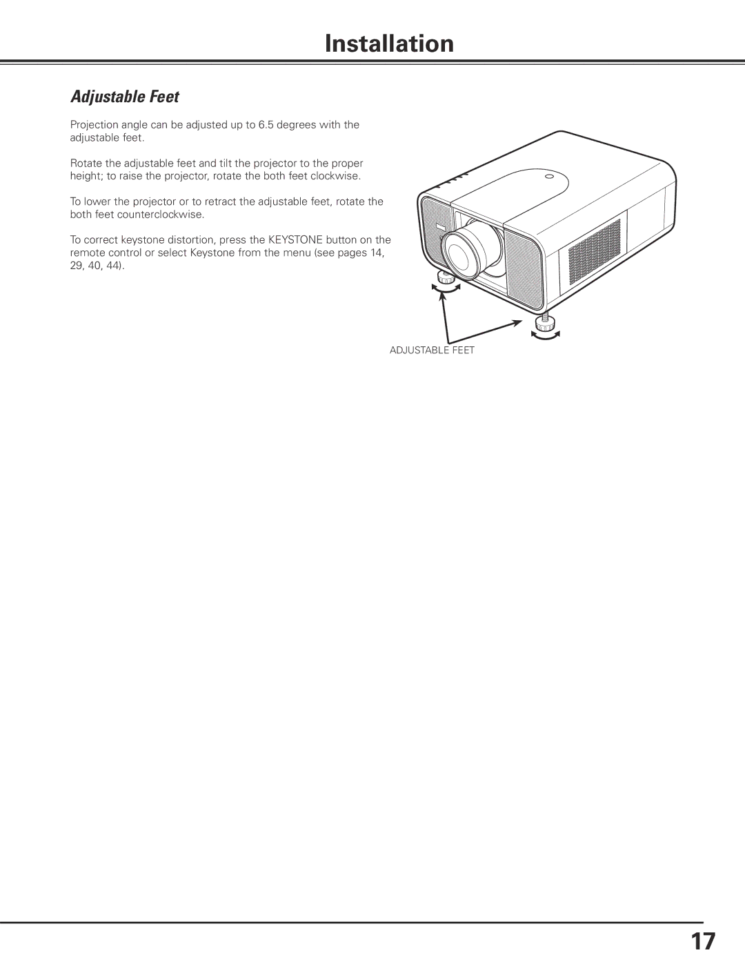 Eiki LC-X80 owner manual Installation, Adjustable Feet 